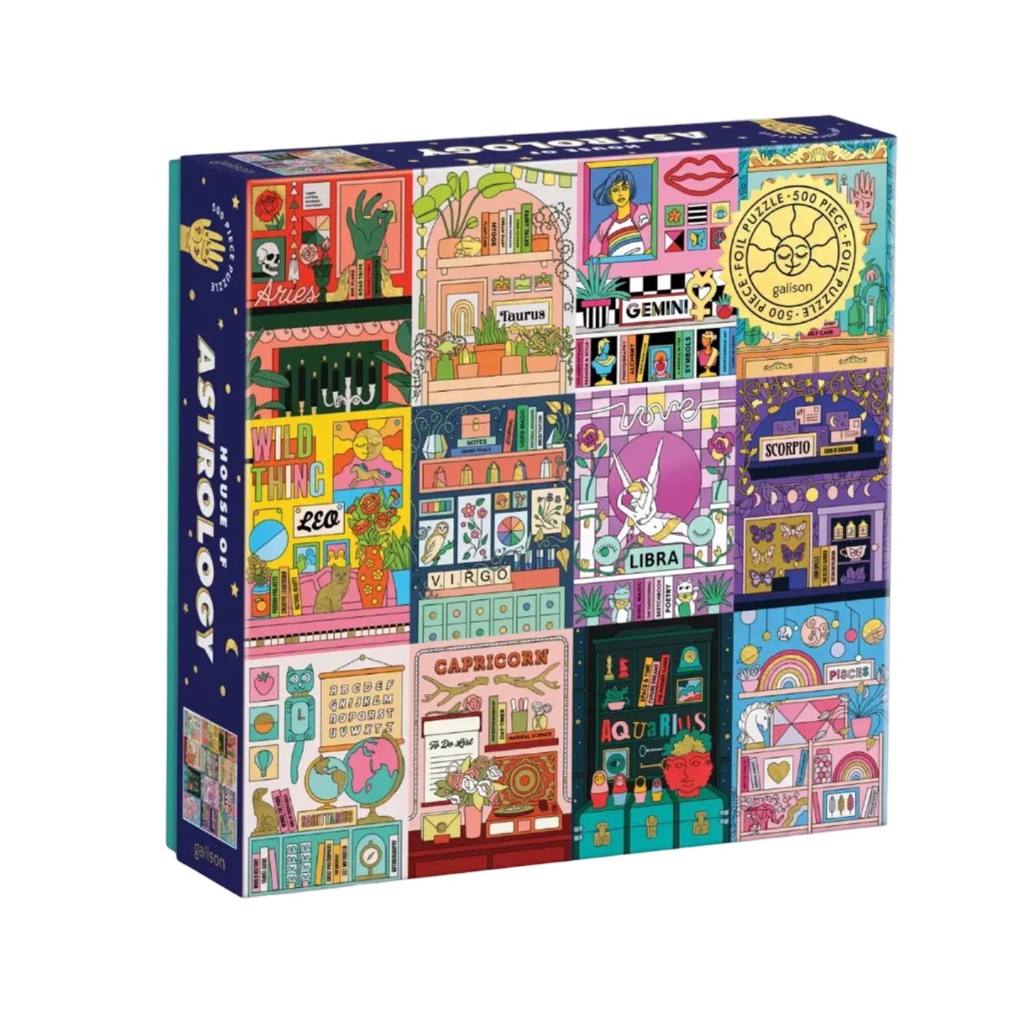 Colorful puzzle box with astrological design on a white background