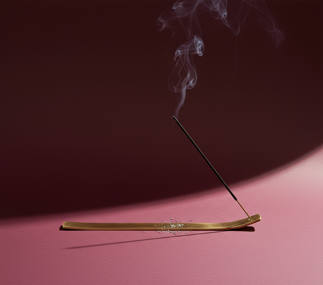 Incense stick with smoke on a pink surface against a dark background