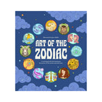Front cover of a coloring book 'Art of the Zodiac' by Jess Miller, featuring a dark blue background with illustrated clouds, stars, and circular zodiac symbol panels around the title.