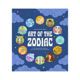 Front cover of a coloring book 'Art of the Zodiac' by Jess Miller, featuring a dark blue background with illustrated clouds, stars, and circular zodiac symbol panels around the title.