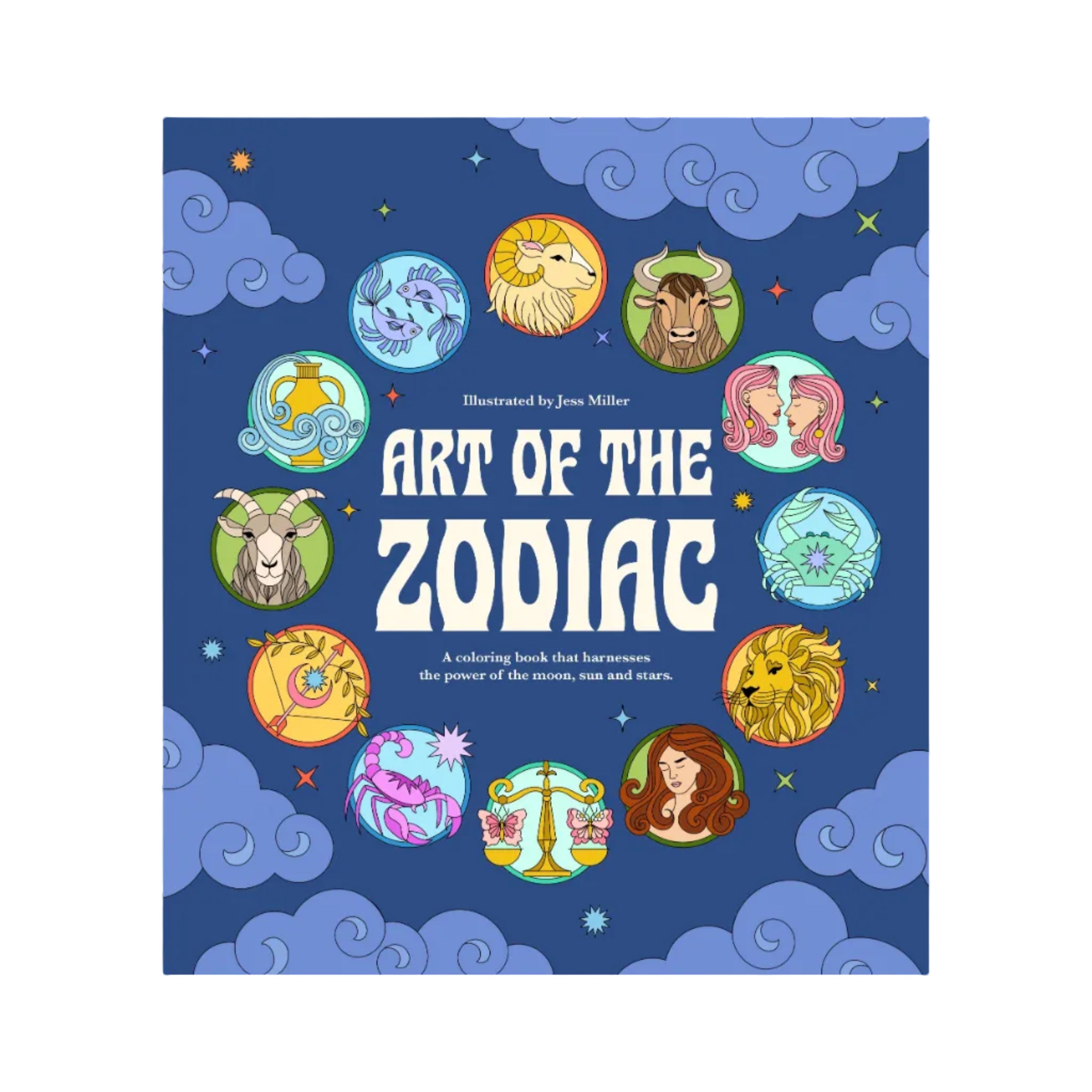 Front cover of a coloring book 'Art of the Zodiac' by Jess Miller, featuring a dark blue background with illustrated clouds, stars, and circular zodiac symbol panels around the title.