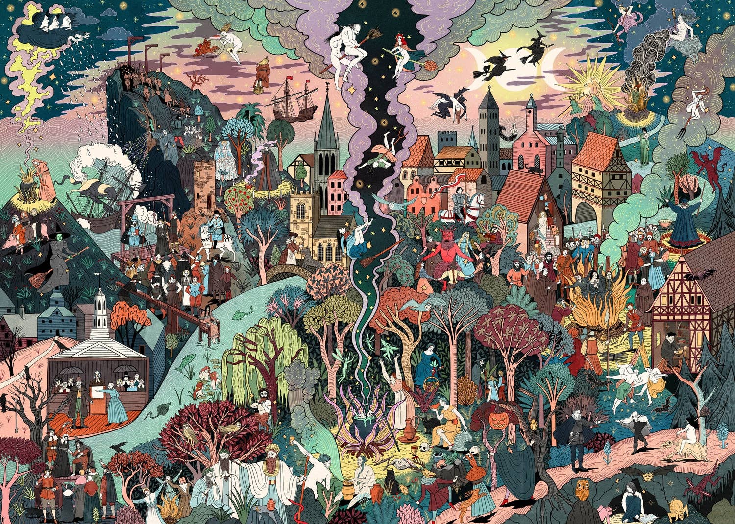 Colorful illustration of a bustling village scene with various activities and characters.