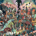 Colorful illustration of a bustling village scene with various activities and characters.