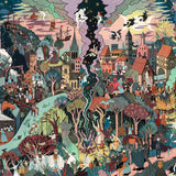 Colorful illustration of a bustling village scene with various activities and characters.