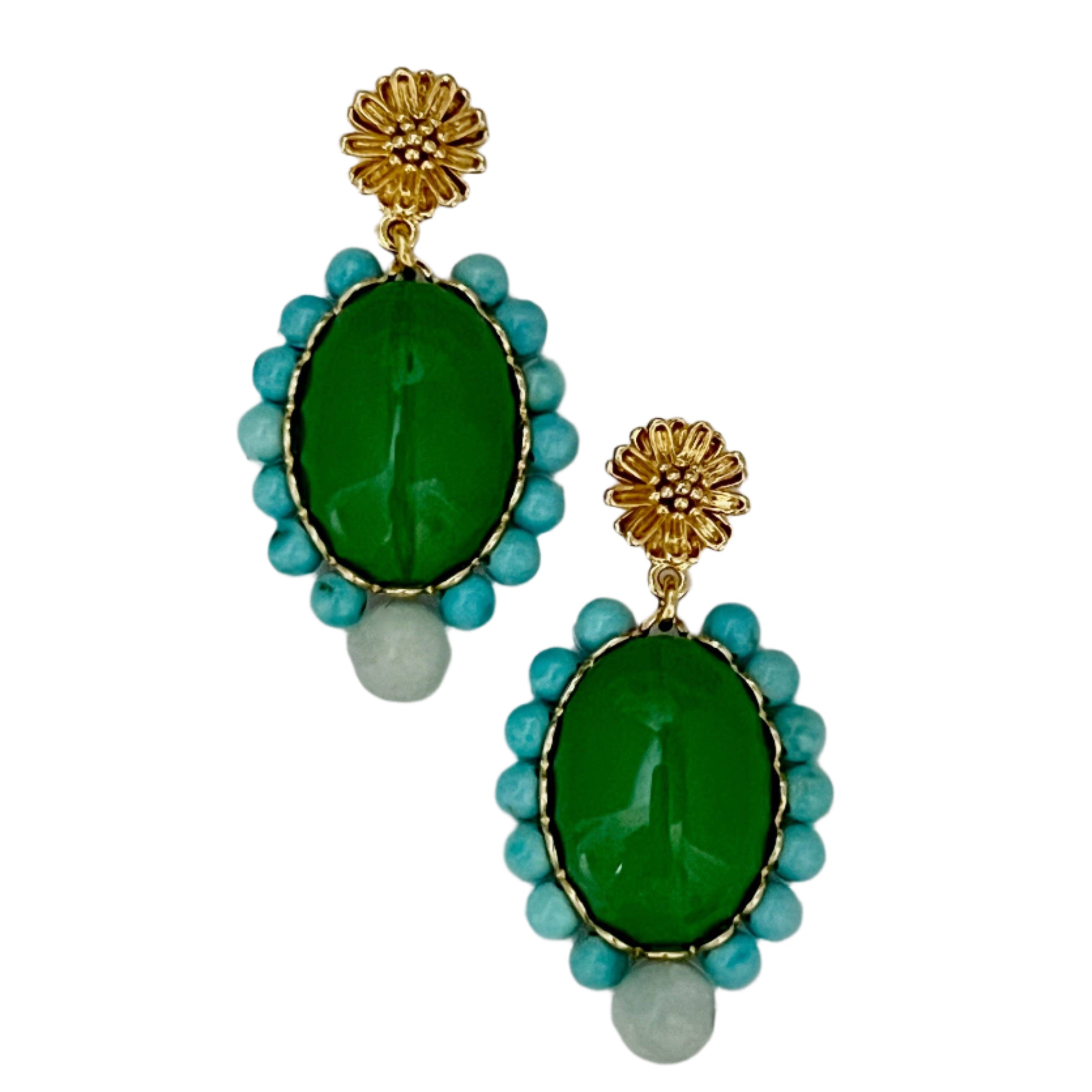 Pair of green and turquoise beaded earrings with gold accents on a light gray background