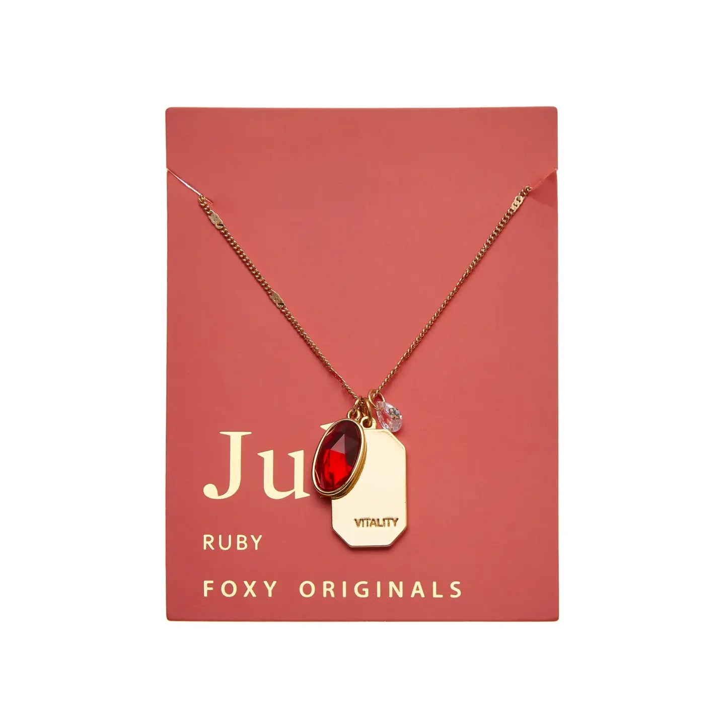 July Gold Ruby like Birthstone Necklace red card - Confía Collective