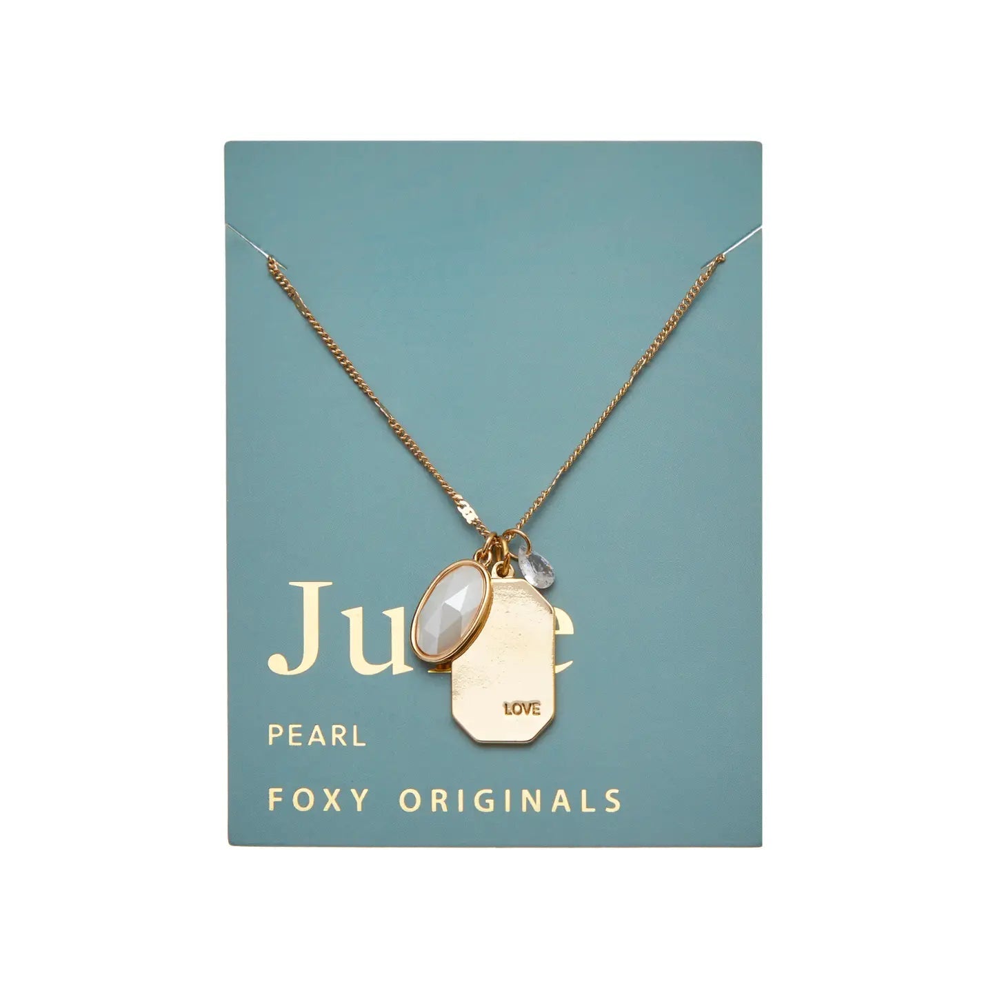 June pearl like Gold Birthstone Necklace on blue card - Confía Collective