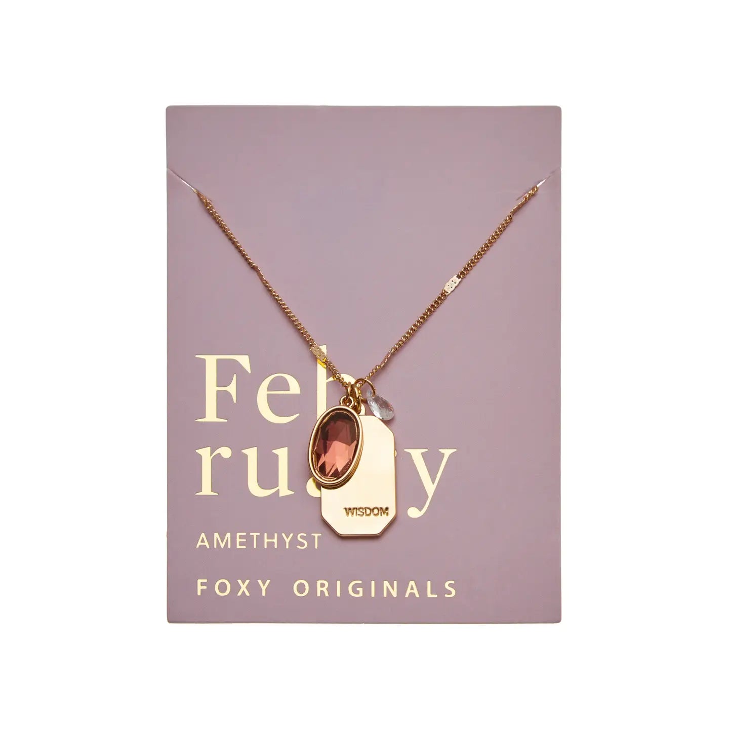 February Gold Birthstone Necklace on purple card- Confía Collective