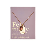 February Gold Birthstone Necklace on purple card- Confía Collective