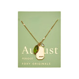 August Gold Birthstone Peridot Necklace on green card- Confía Collective