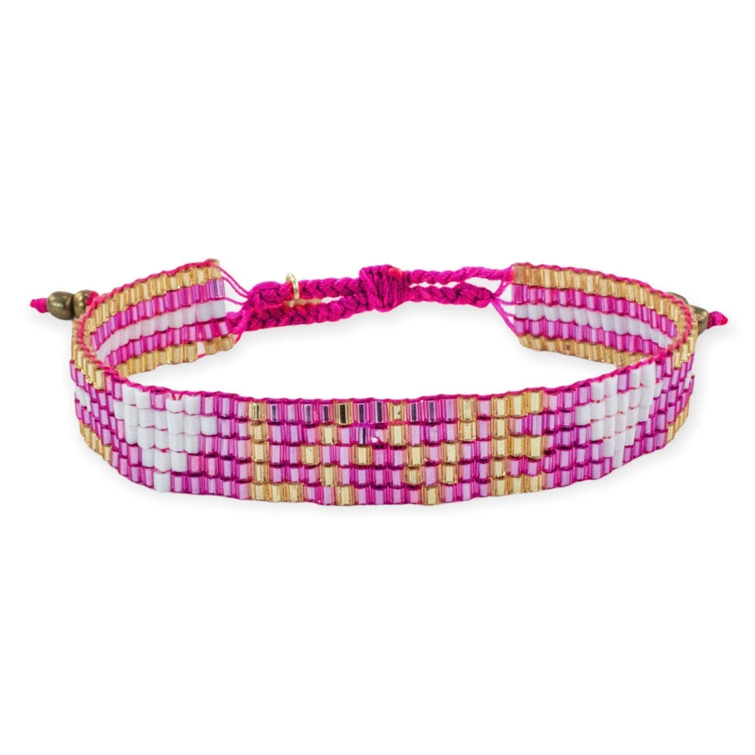Hot Pink + Gold + White Seed Bead LOVE with Hearts Bracelet - Confía Collective