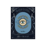 Book cover of 'Manifesting: Live Your Dream Life' by Galila Thalassina featuring an eye with a laurel wreath and stars on a blue background.