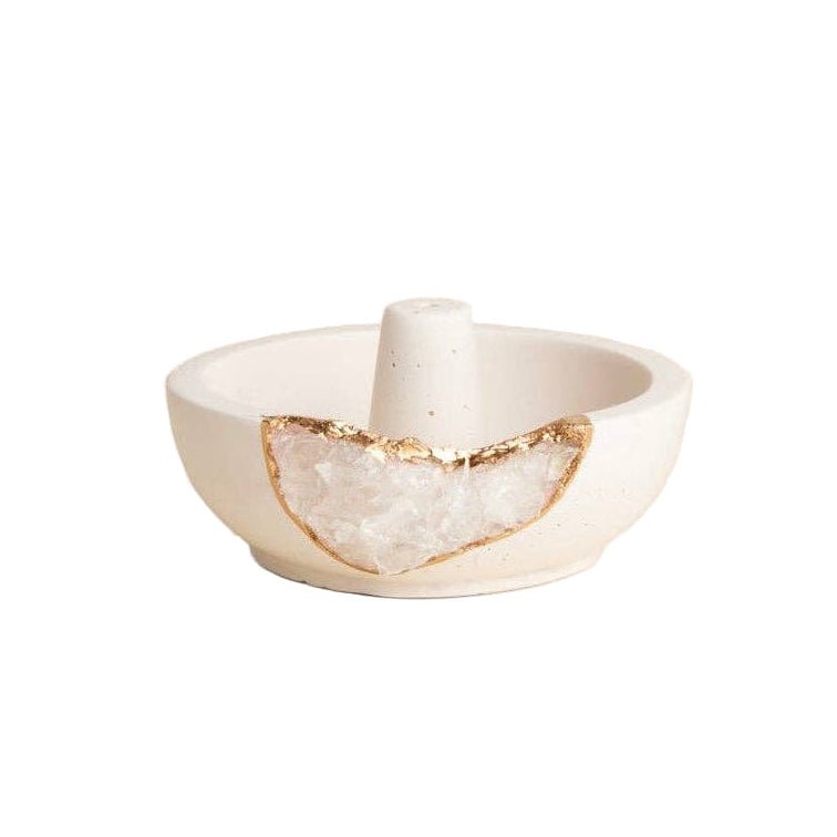Natural Quartz Geode Incense Holder in Cream & Gold - Confía Collective