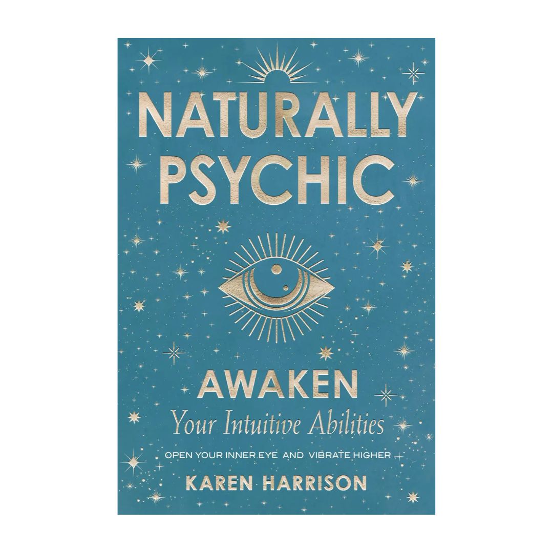 The cover of the book 'Naturally Psychic' features a title and author name, Karen Harrison, with a background of stars and an eye graphic.