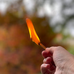 Hand holding a lit palo Santo matchstick with a blurred natural background