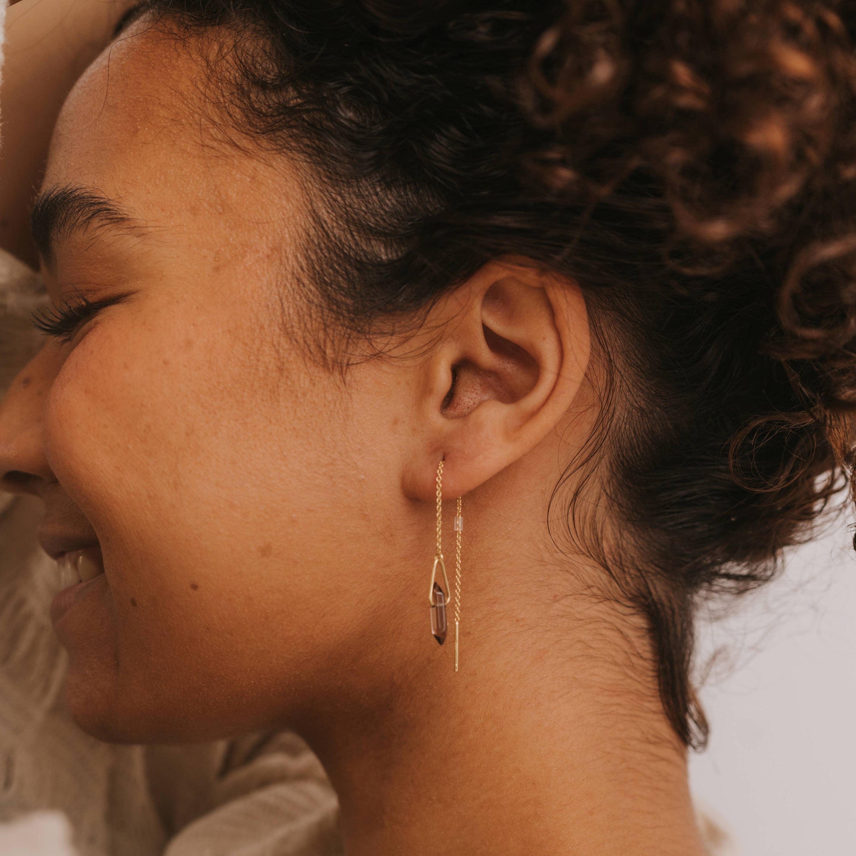 Smoky Quartz Crystal Threader Earrings - Confía Collective