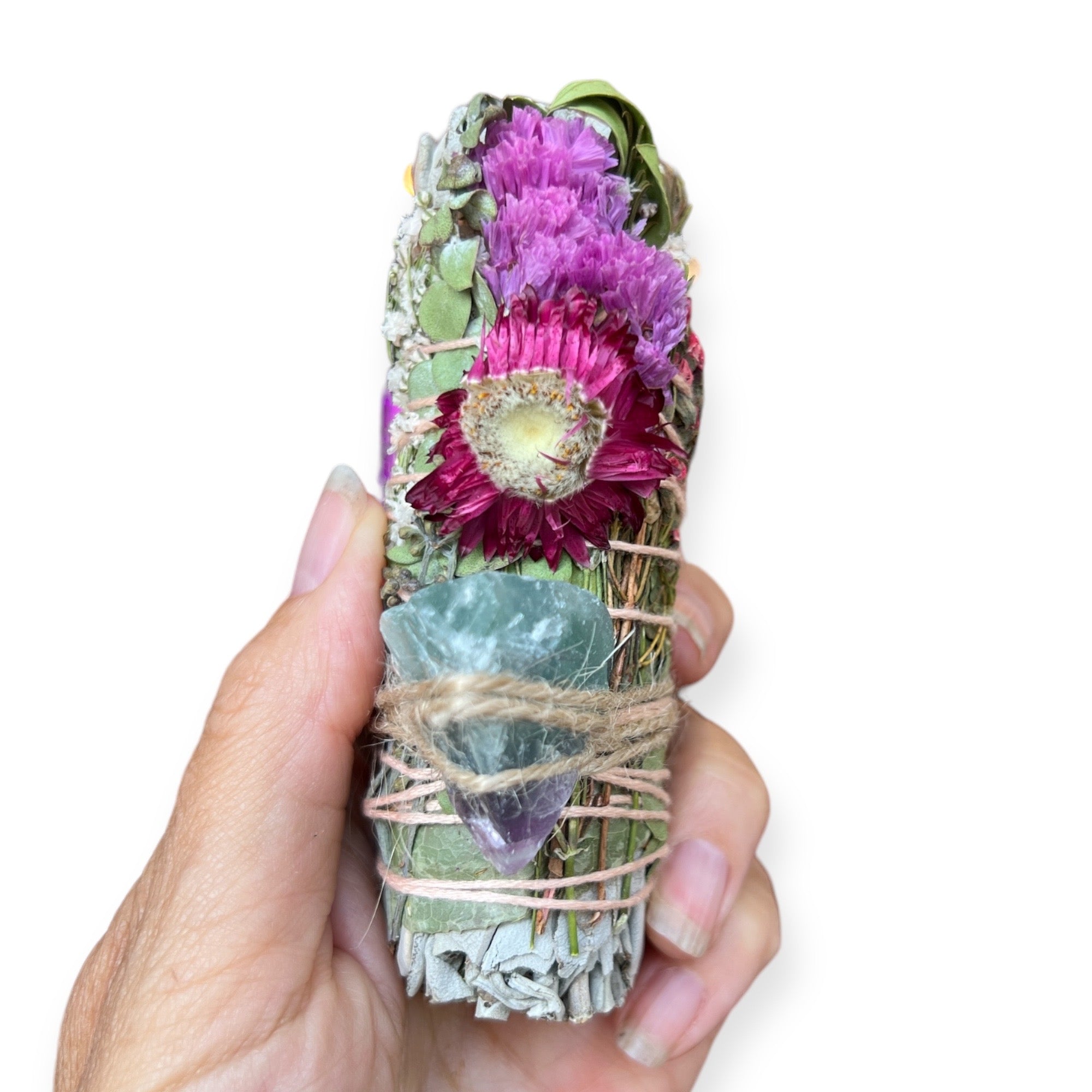 Smudging Sage Wand with Fluorite Crystal - Confía Collective