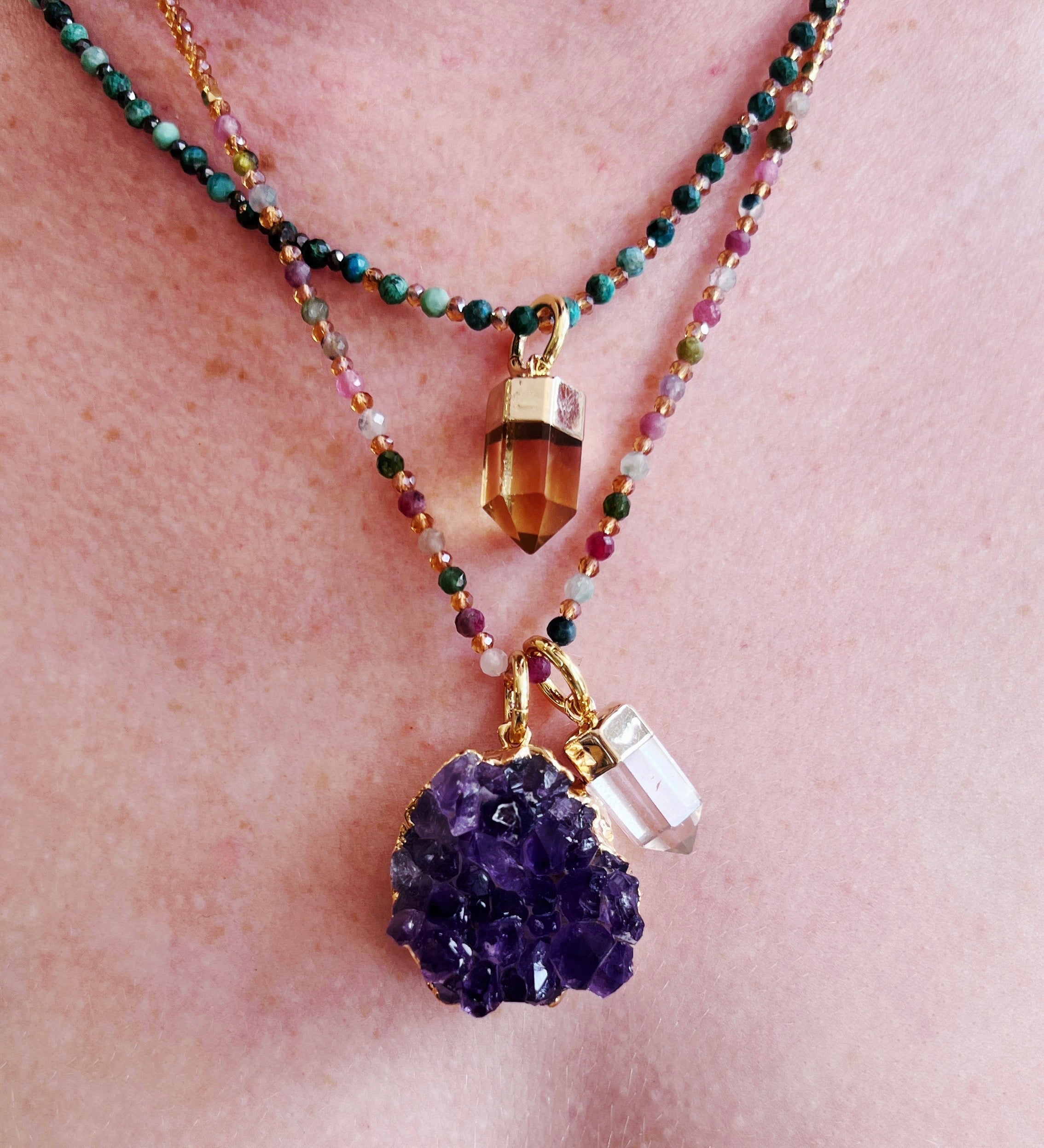 Tourmaline Crystal Gemstone Necklace/Triple Bead Bracelet - Confía Collective