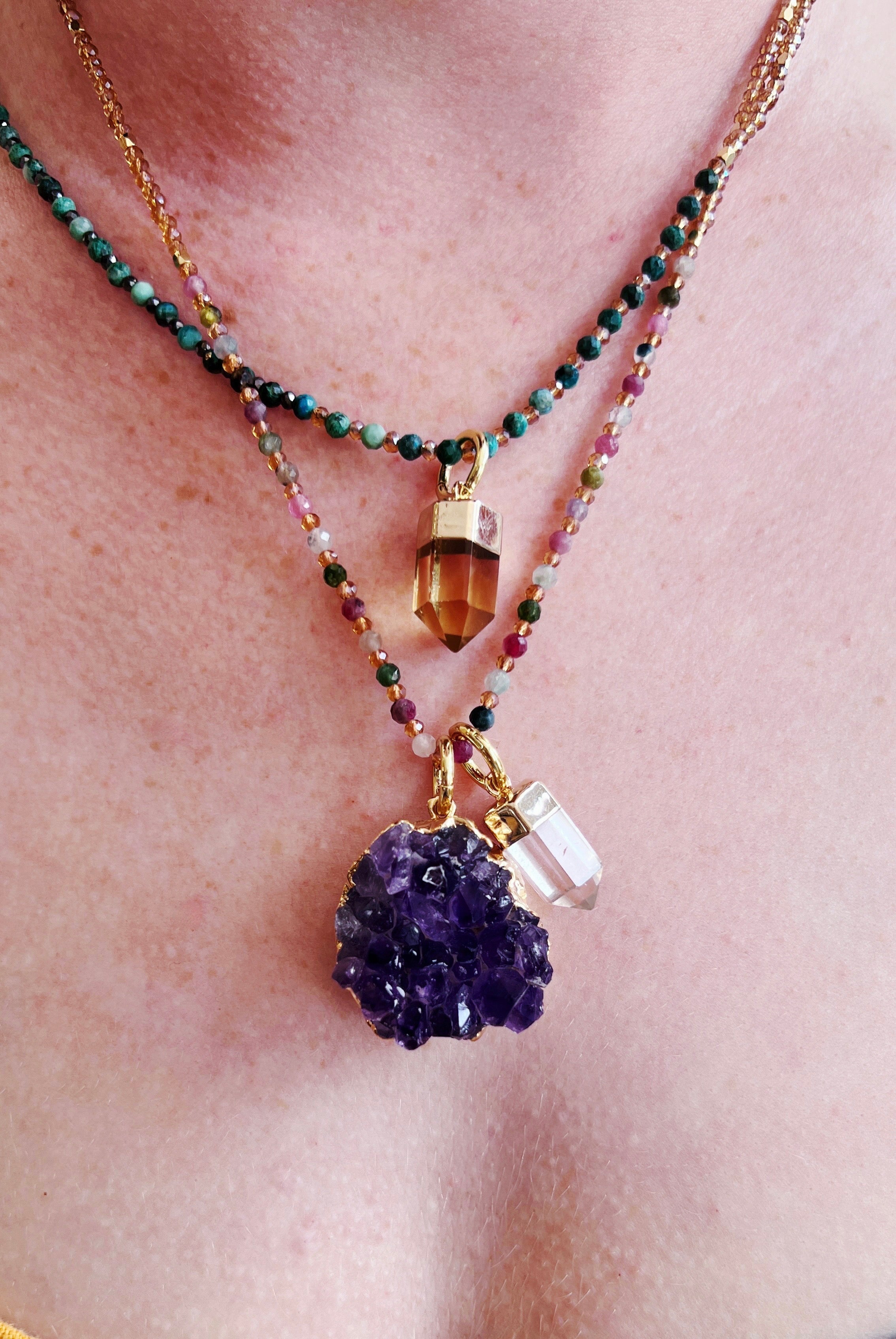 Tourmaline Crystal Gemstone Necklace/Triple Bead Bracelet - Confía Collective