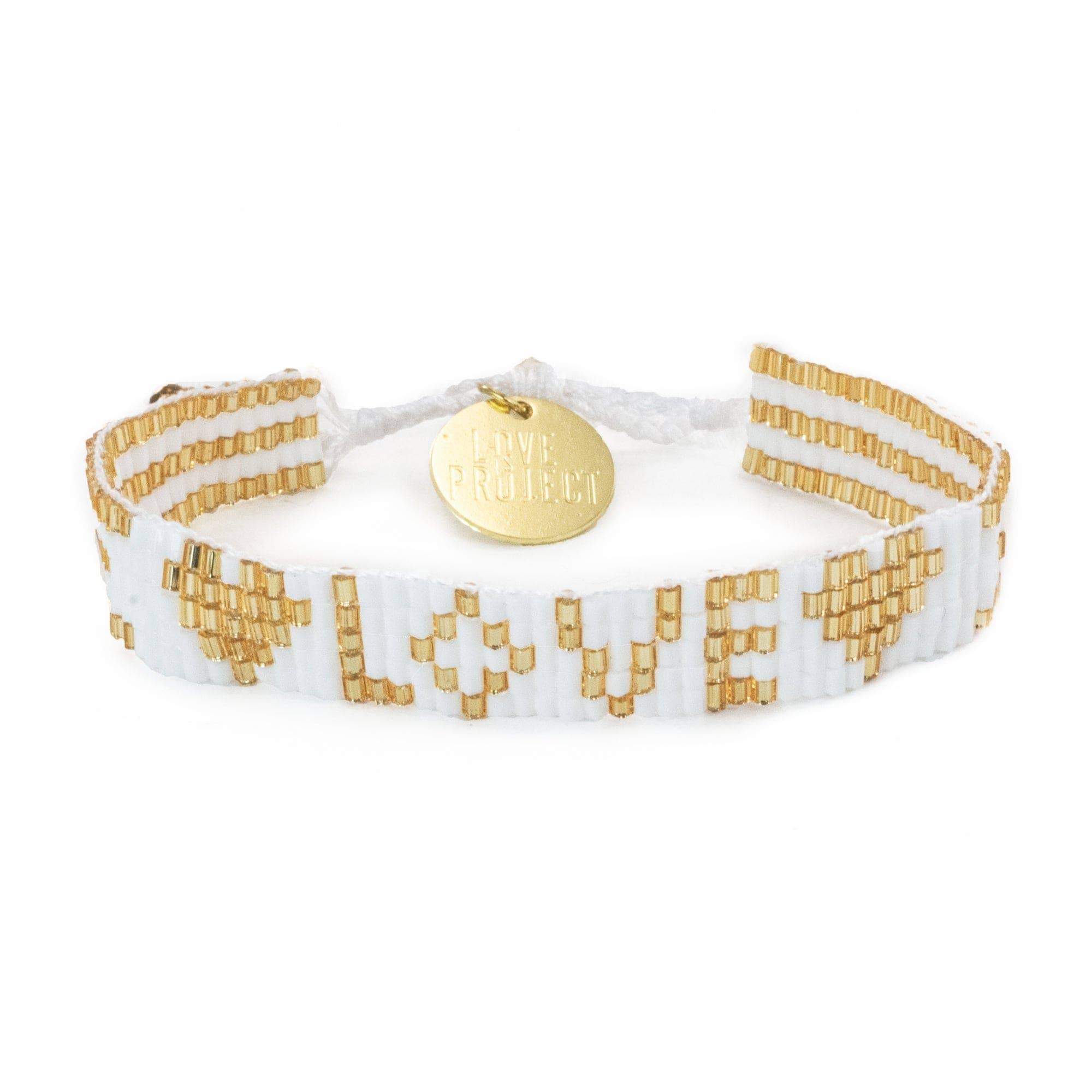 White & Gold Seed Bead LOVE with Hearts Bracelet - Confía Collective