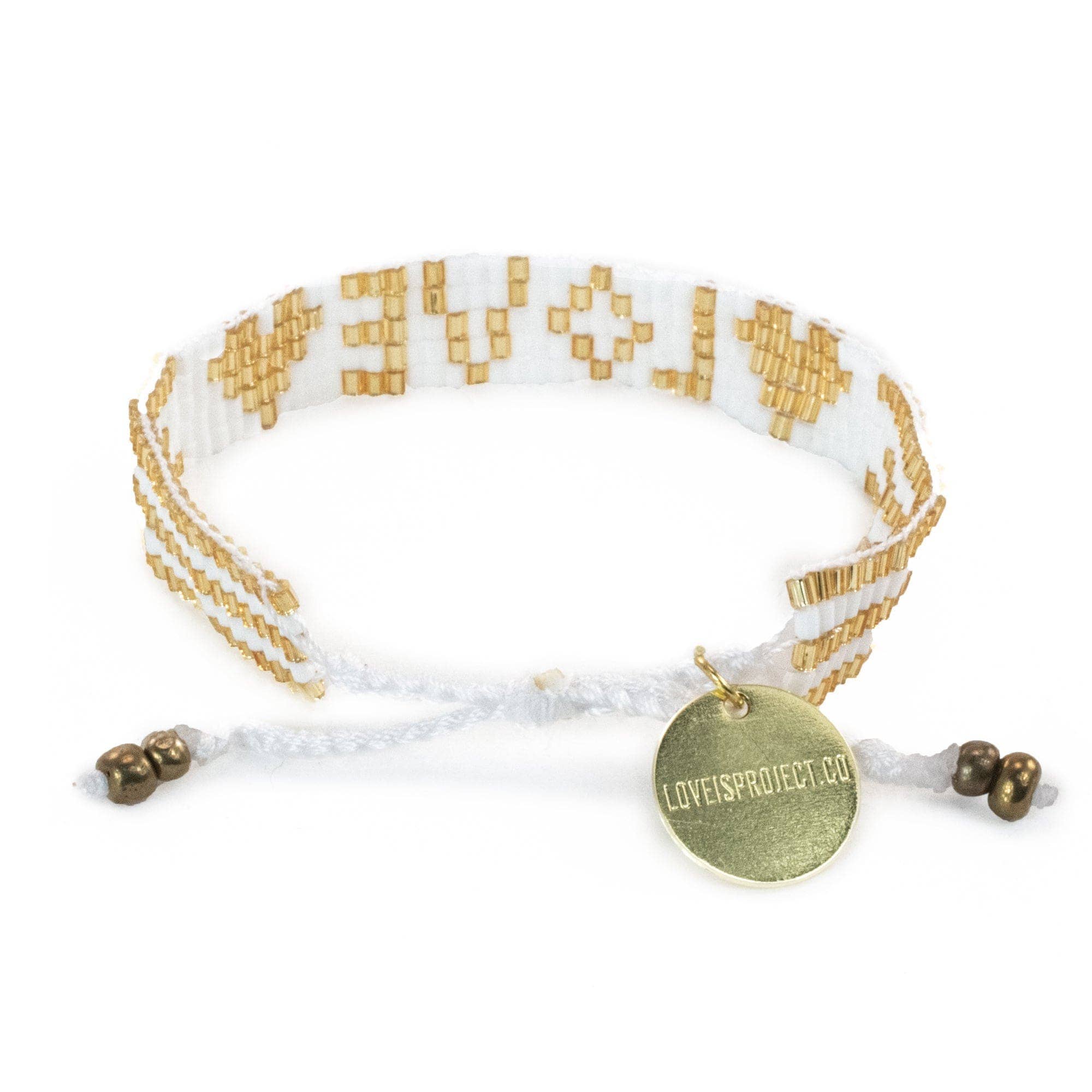 White & Gold Seed Bead LOVE with Hearts Bracelet - Confía Collective