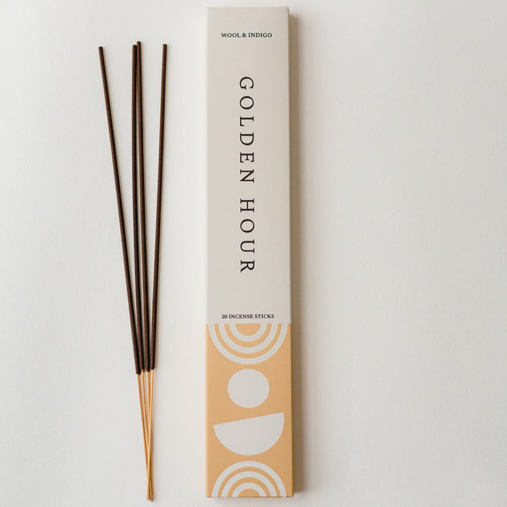 Golden hour incense for energy with the vitalizing scents of mimosa, black fig, blood orange, and sandalwood essential oils.
