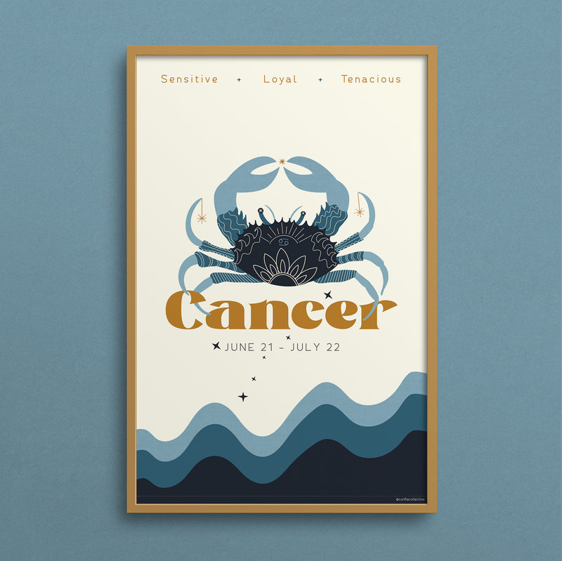 Celebrate all that sentimental Cancer is: sensitive, loyal, and tenacious.  Our high quality custom zodiac poster, created just for Confia Collective, makes a thoughtful gift. 