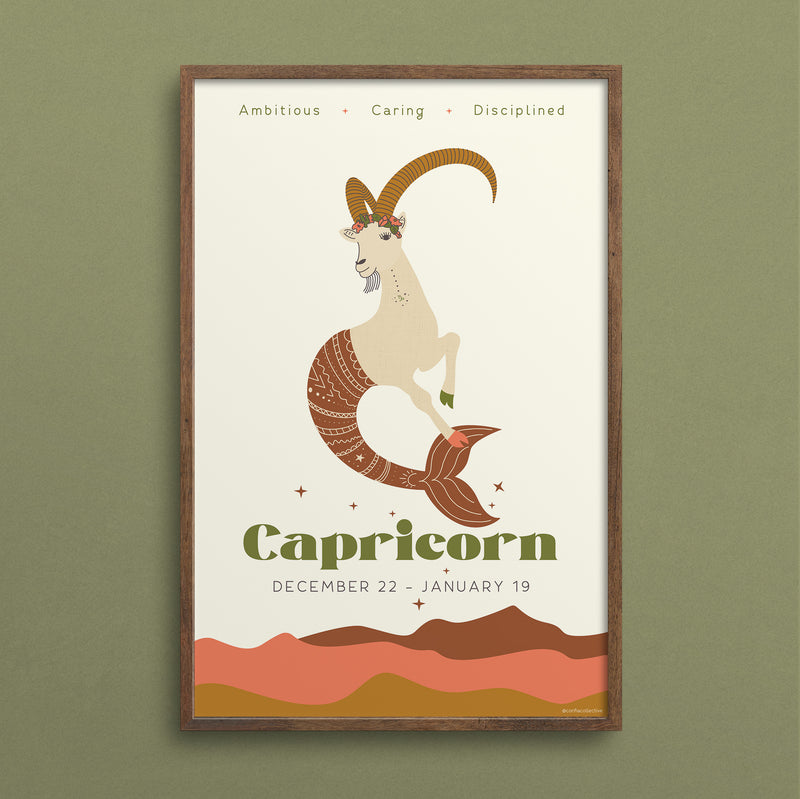 Celebrate all that grounded Capricorn is: ambitious, caring, and disciplined.  Our high quality custom zodiac poster, created just for Confia Collective, makes a thoughtful gift. 