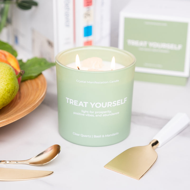 "Treat Yourself" Clear Quartz Crystal Manifestation Candle