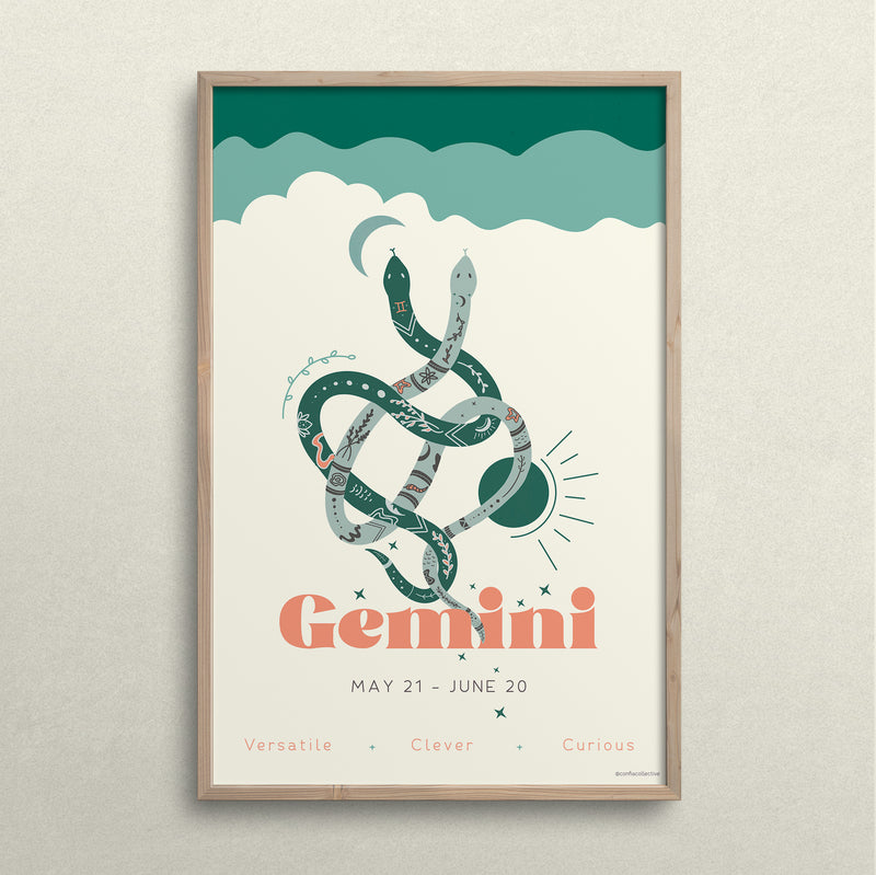 Celebrate all that communicative Gemini is: versatile, clever, and curious.  Our high quality custom zodiac poster, created just for Confia Collective, makes a thoughtful gift.