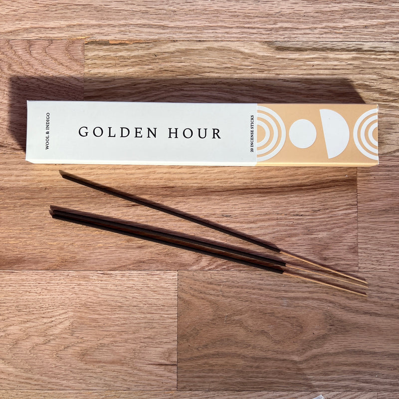Golden hour incense for energy with the vitalizing scents of mimosa, black fig, blood orange, and sandalwood essential oils.