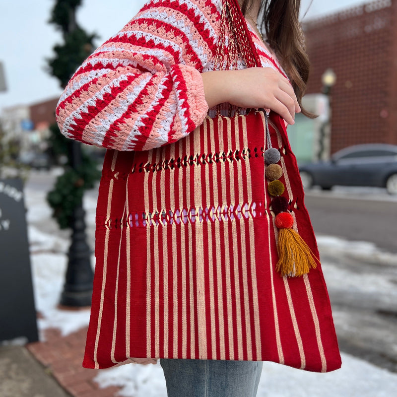 Mexican Striped Hammock Bag with Pom Pom