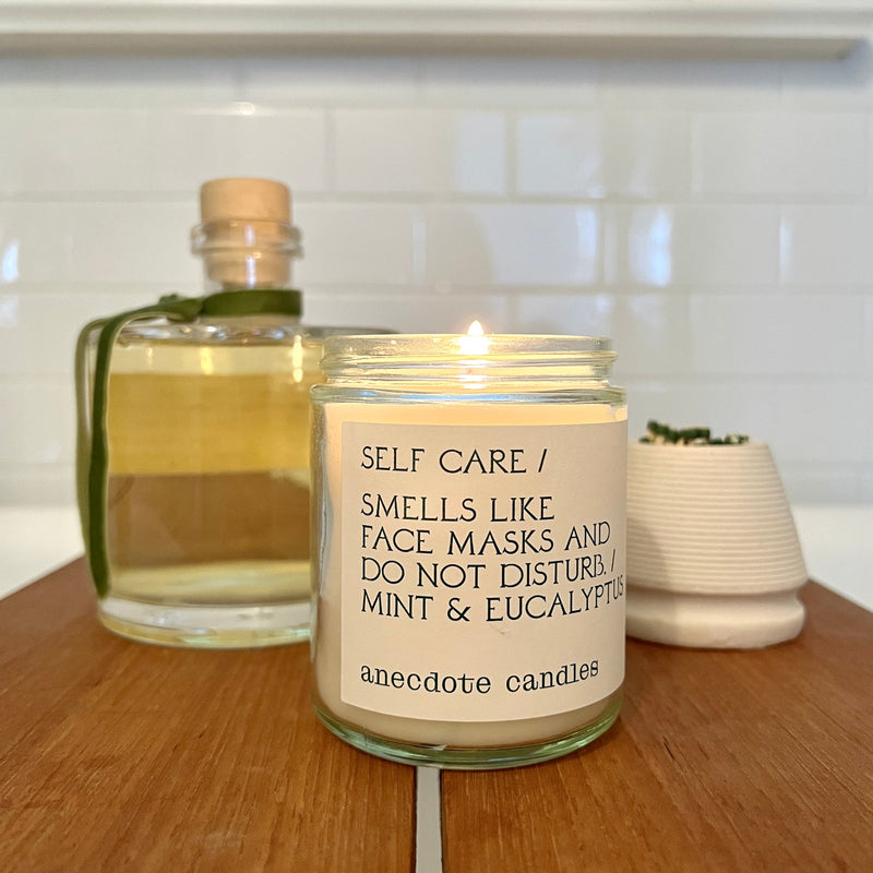 Self care candle smells like face masks and do not disturb.  Mint & Eucalyptus – This aroma is as invigorating as it is relaxing. Awake your senses with vibrant notes of citrus, verbena, and mint leaf. Then relax and unwind with soothing base notes of lavender, moss, and eucalyptus for some much needed serenity.