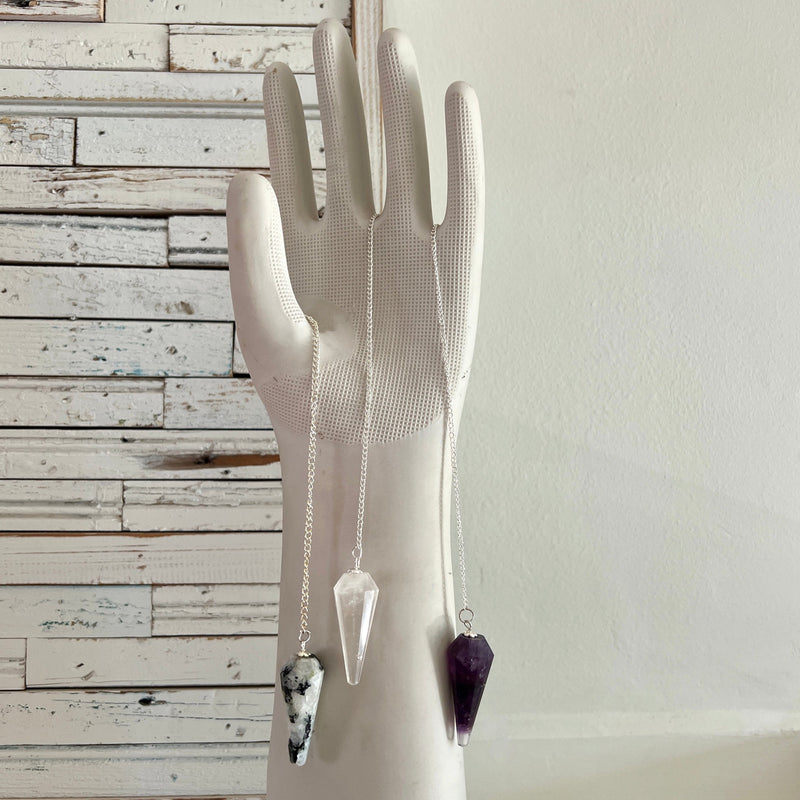 Tap into your intuition with a 12 facet crystal pendulum on a dainty 9" silver chain.  A dowsing pendulum is an object suspended by a cord or chain, used for obtaining information which the normal senses are unable to access on a conscious level.