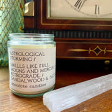 Astrological Storming Candle smells like full moons and mercury in retrograde.  Sandalwood & Incense - If it ever feels like things are going haywire, burn this candle for instant satisfaction.