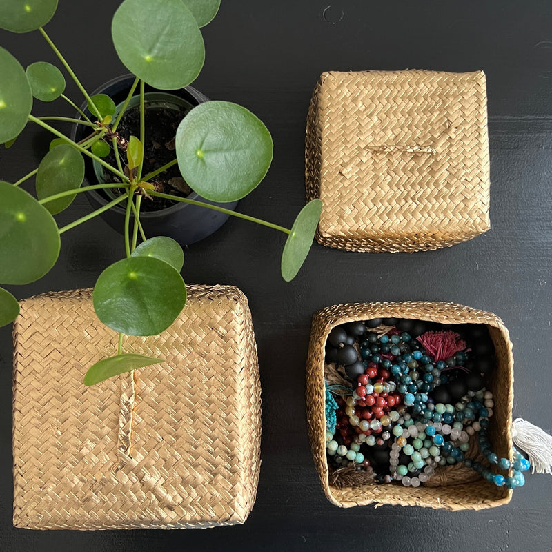 Hide away those treasures in a woven gold seagrass box. 
