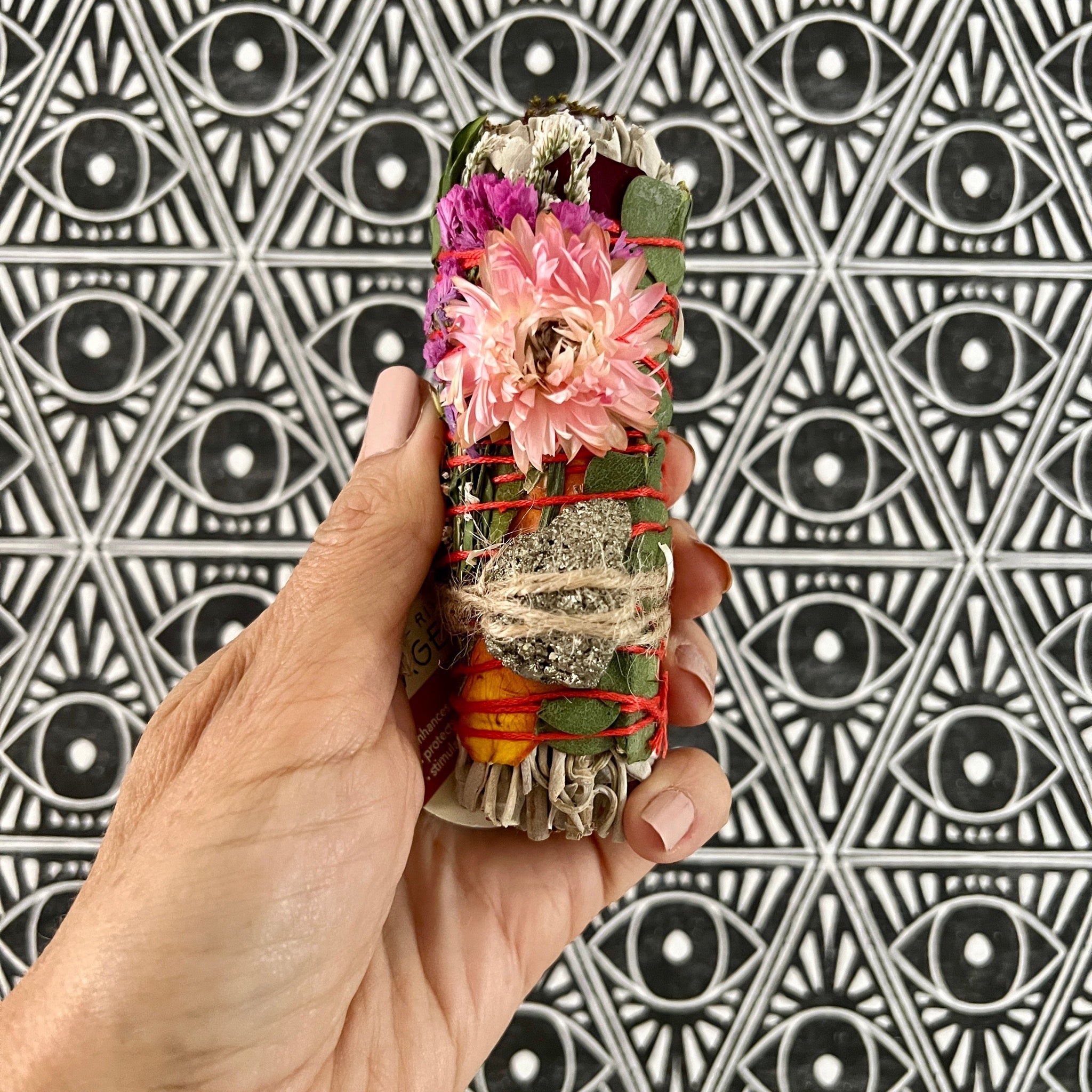 Hand-crafted Smudging Sage Wand with "Stay Gold" Pyrite and gorgeous wildflowers, rose petals and eucalyptus.
