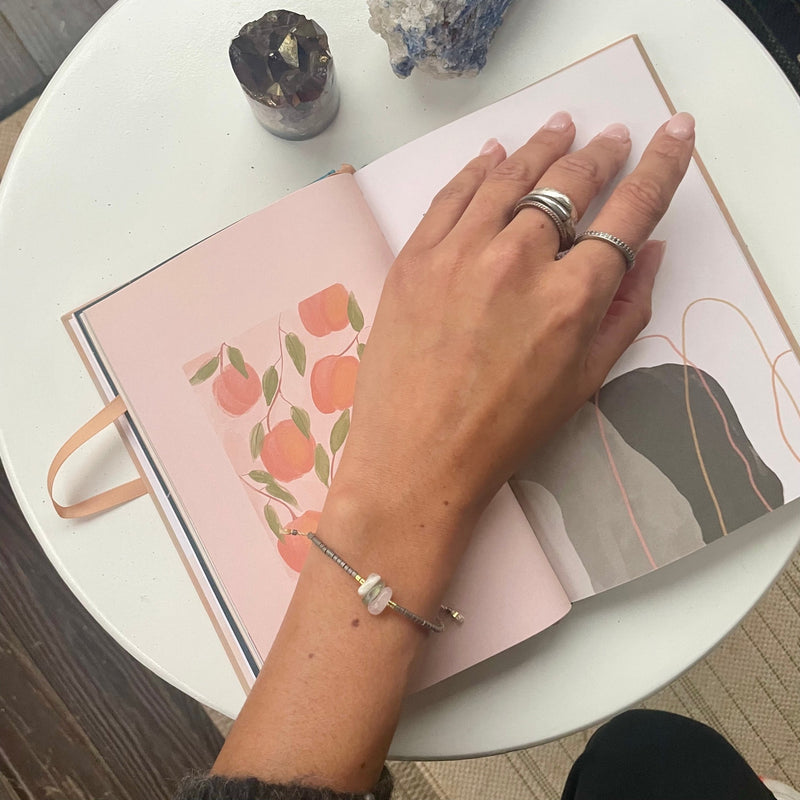 Moonstone, labradorite, and rose quartz are the chosen center stones to help aid with changes in our new beginnings bracelet.
