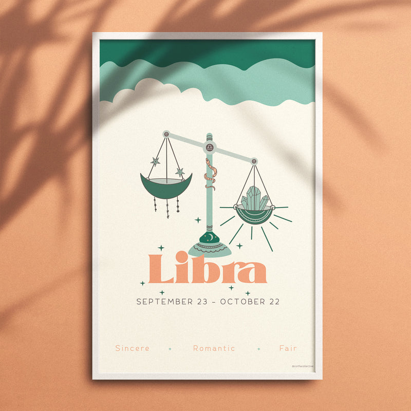 Celebrate all that communicative Libra is: sincere, romantic, and fair.  Our high quality custom zodiac poster, created just for Confia Collective, makes a thoughtful gift.