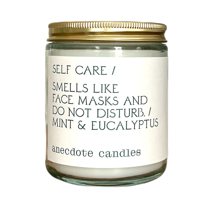 Self care candle smells like face masks and do not disturb.  Mint & Eucalyptus – This aroma is as invigorating as it is relaxing. Awake your senses with vibrant notes of citrus, verbena, and mint leaf. Then relax and unwind with soothing base notes of lavender, moss, and eucalyptus for some much needed serenity.