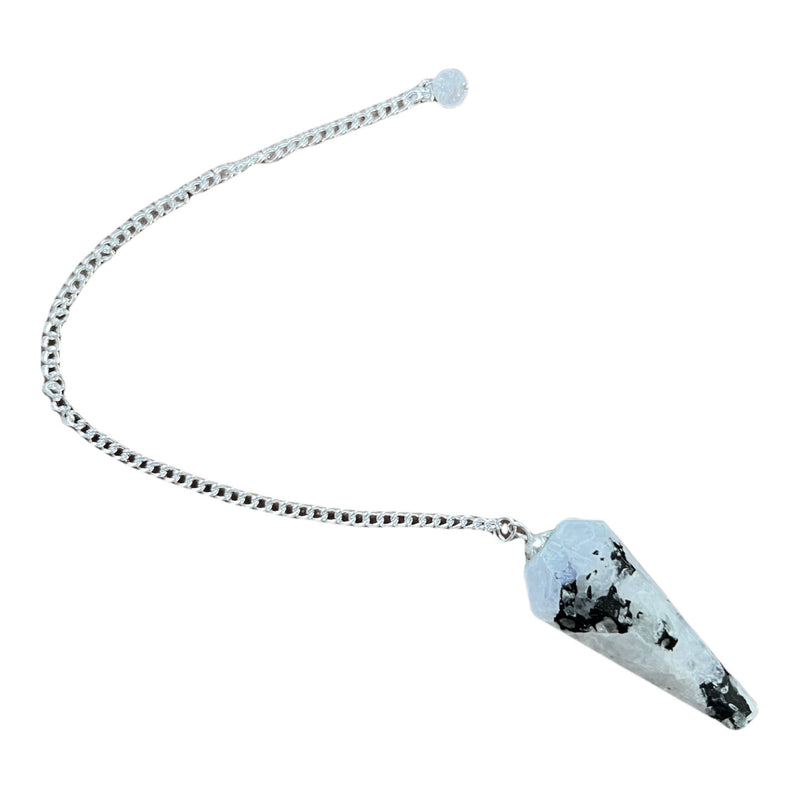 Tap into your intuition with a 12 facet rainbow moonstone crystal pendulum on a dainty 9" silver chain.  A dowsing pendulum is an object suspended by a cord or chain, used for obtaining information which the normal senses are unable to access on a conscious level.
