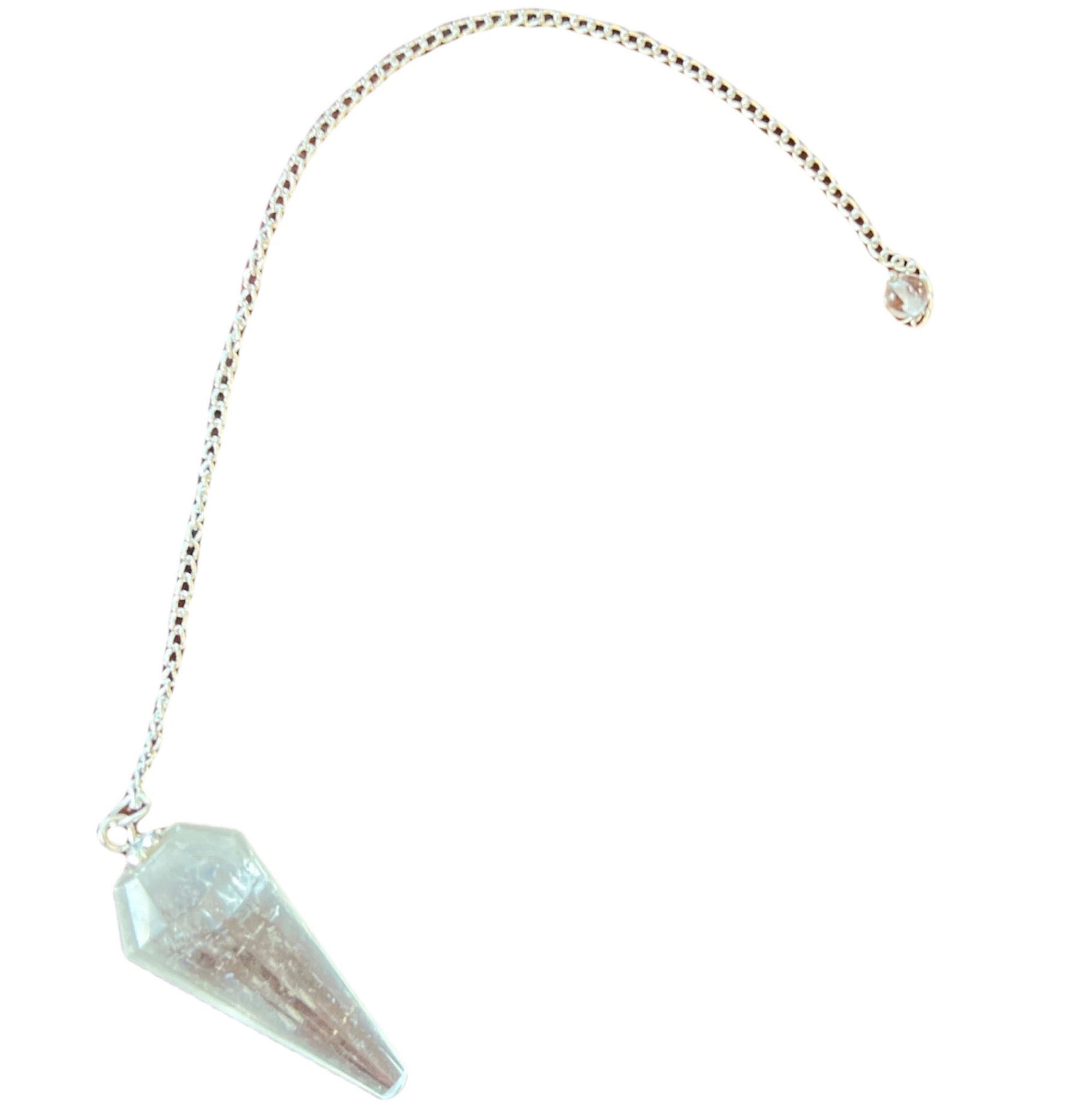 Tap into your intuition with a 12 facet clear quartz crystal pendulum on a dainty 9" silver chain.  A dowsing pendulum is an object suspended by a cord or chain, used for obtaining information which the normal senses are unable to access on a conscious level.