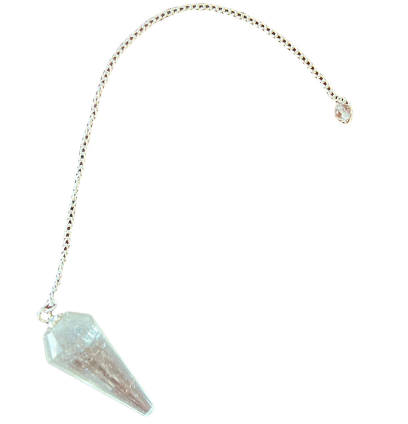 Tap into your intuition with a 12 facet clear quartz crystal pendulum on a dainty 9" silver chain.  A dowsing pendulum is an object suspended by a cord or chain, used for obtaining information which the normal senses are unable to access on a conscious level.
