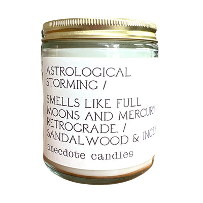 Astrological Storming Candle smells like full moons and mercury in retrograde.  Sandalwood & Incense - If it ever feels like things are going haywire, burn this candle for instant satisfaction.