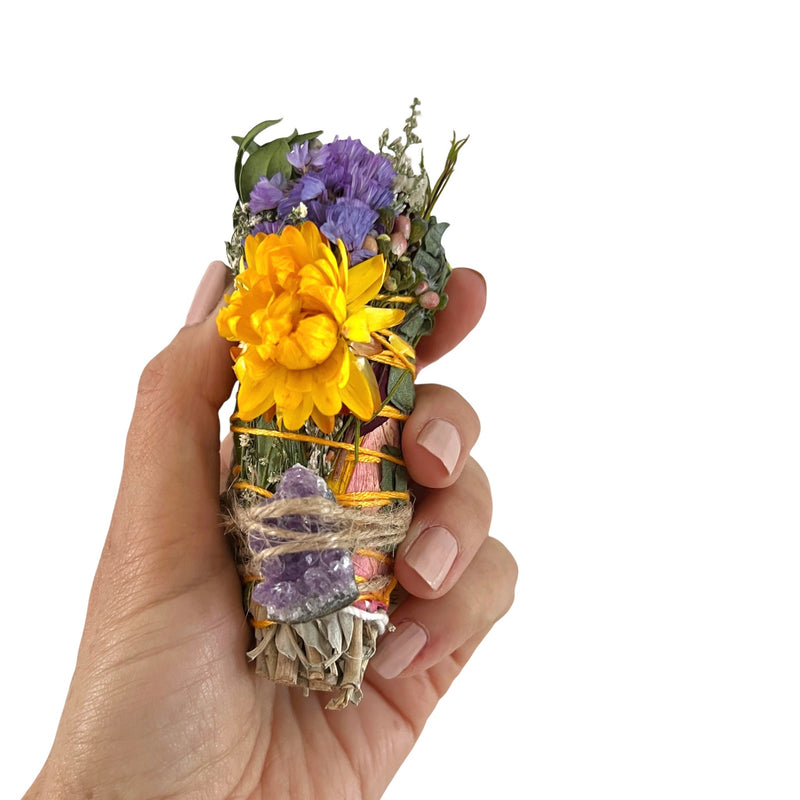 Hand-crafted Smudging Sage Wand with Amethyst "Inner Serenity" and gorgeous wildflowers, rose petals and eucalyptus.