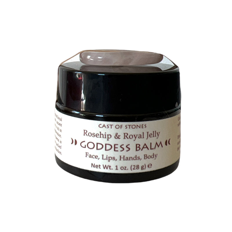 Rosehip and royal jelly goddess balm with rose quartz crystal spatula