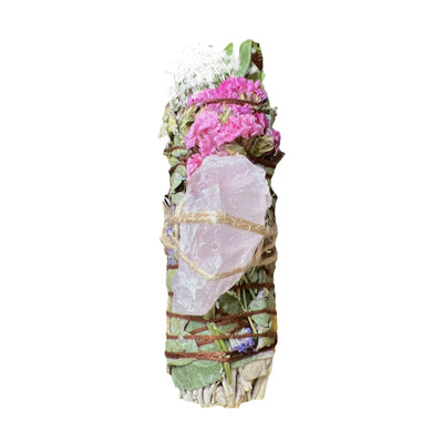 Hand-crafted smudging sage wand with "Pure Love" rose quartz and gorgeous wildflowers, rose petals and eucalyptus.