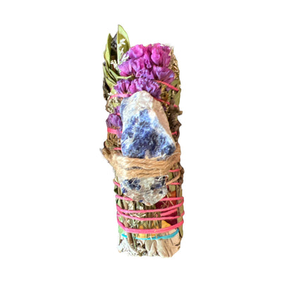 Smudging wands with sodalite are hand-crafted with gorgeous wildflowers, rose petals and eucalyptus.
