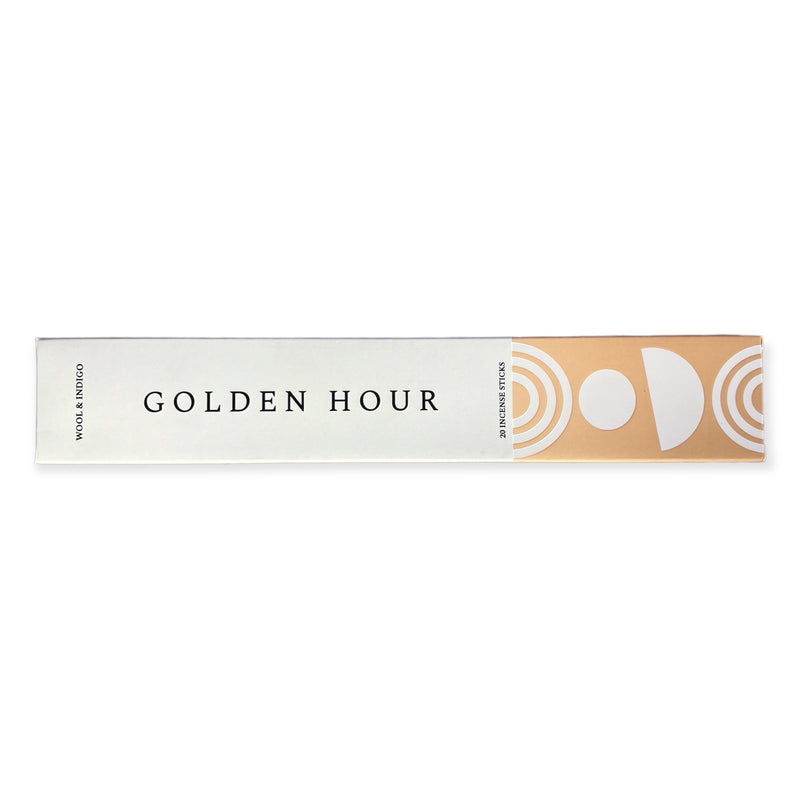 Golden hour incense for energy with the vitalizing scents of mimosa, black fig, blood orange, and sandalwood essential oils.