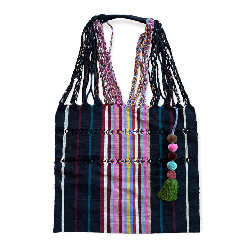 Mexican Striped Hammock Bag with Pom Pom